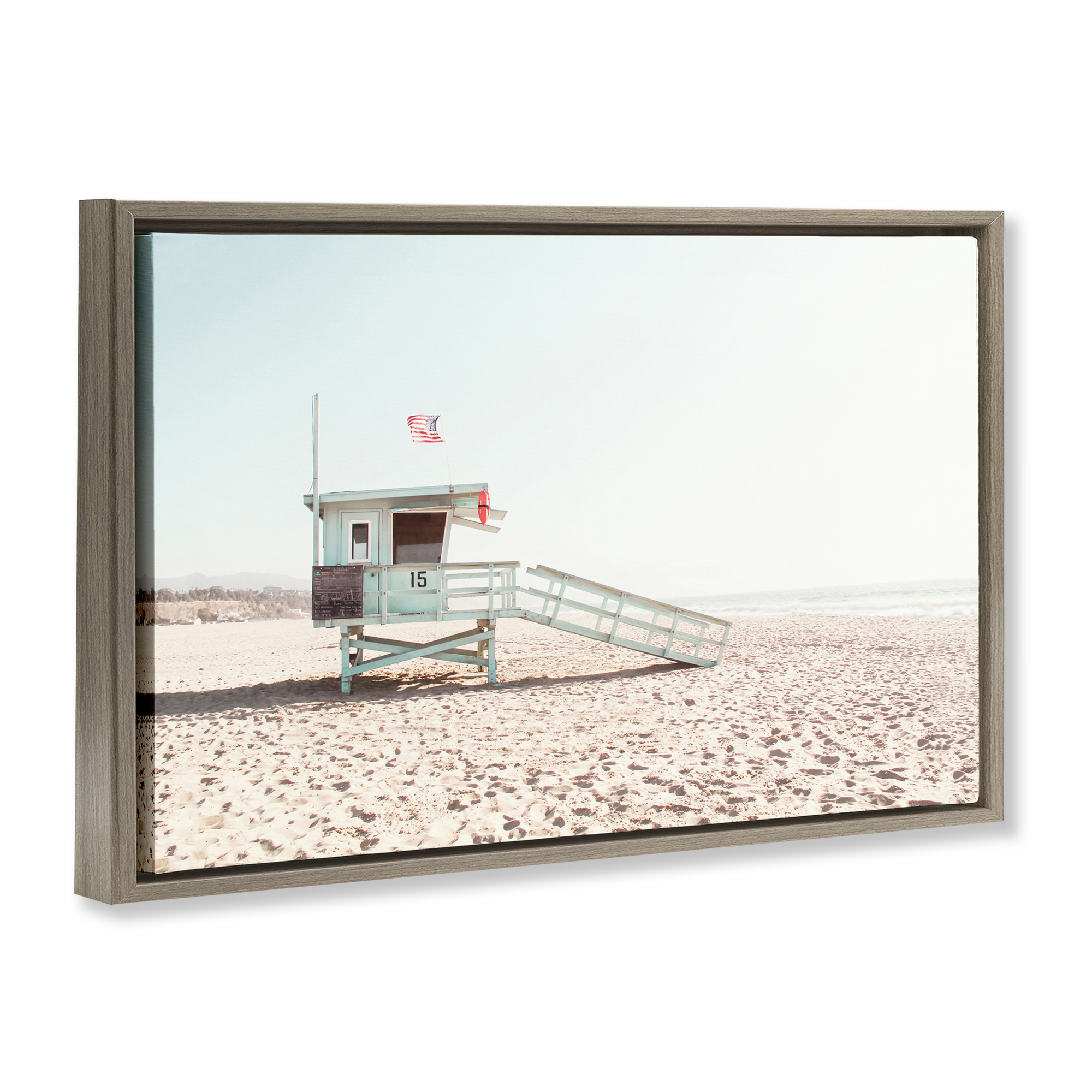 Lifeguard Hut Sunny Day Brown Framed Floater Canvas Wall Art, design by Sisi and Seb