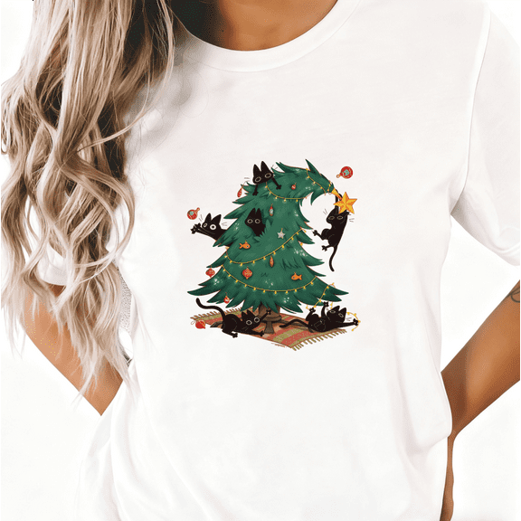 Black Cat Christmas Tree Graphic Tee T-Shirt Print Top Comfortable Short Sleeve Round Neck White S-5XL