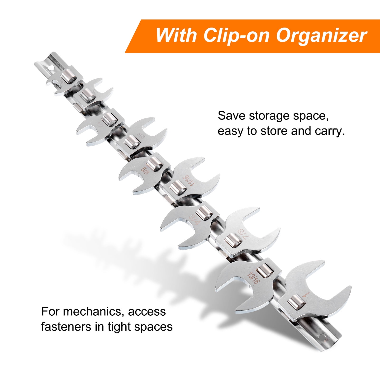 Uxcell 10 Pieces Drive Crowfoot Wrench Set 3/8" - 1" Drive Fractional Crowfoot Wrench with Clip-on Organizer