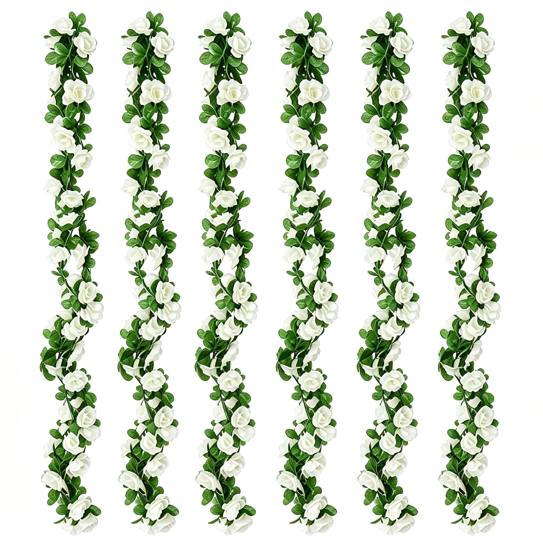 TETOU 6pcs Flower Garlands Artificial Rose Vine Flowers with Leaves 66ft Hanging Roses Vine for Room Wedding Birthday Christmas Wall Decor(White)