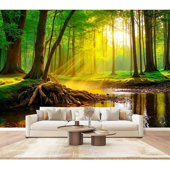 Wallpaper Forest Landscape Nature Tree Sun Sunlight Trees Stream Reflections Peel and Stick Wall Murals 100"H x 144"W Removable PVC Wall Paper Self-Adhesive Wall Decor for Bedroom Living Room