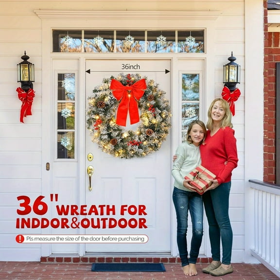 36 Inch Prelit Artificial Christmas Wreath with 100 LED Lights, Battery Operated Pine Wreath for Front Door Window Fireplace Decor