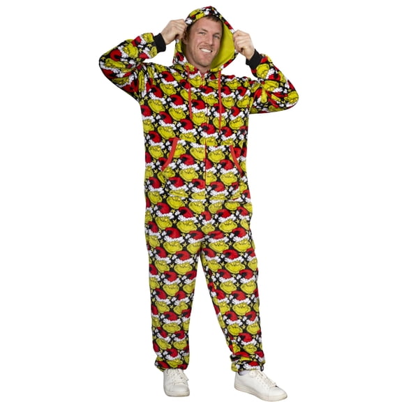 Grinch with Santa Hat Face All Over Pajamas Jumpsuit - Christmas Union Suit with Hood and Pockets for Men and Women