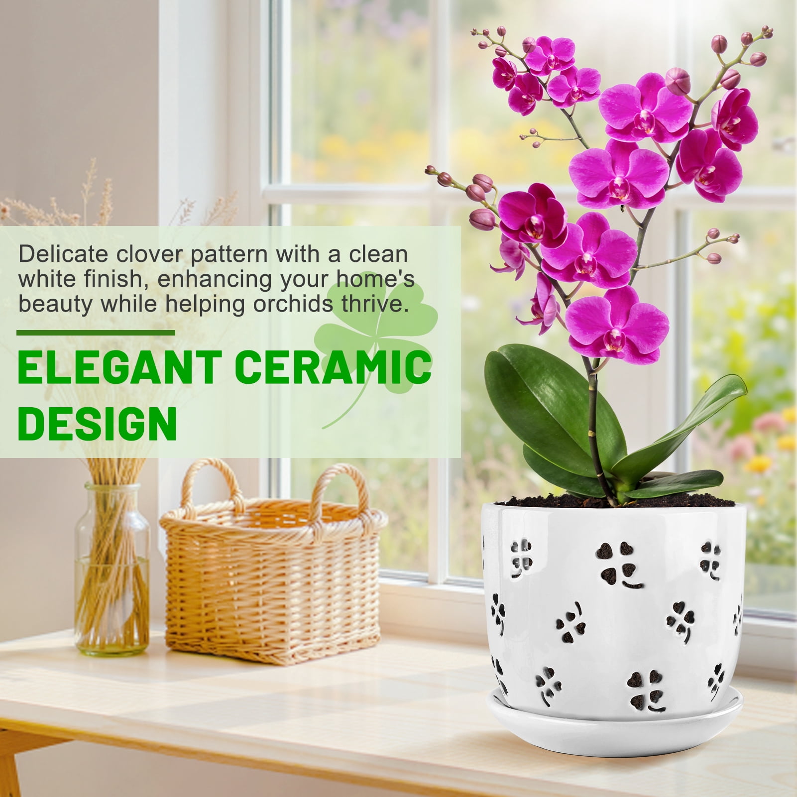 Yalumo 2 Pack Ceramic Orchid Pots with Holes, 5 & 6 Inch Large Orchid Planters with Drainage and Saucers for Repotting, Breathable Flower Pots for Indoor Outdoor Orchids and Succulents