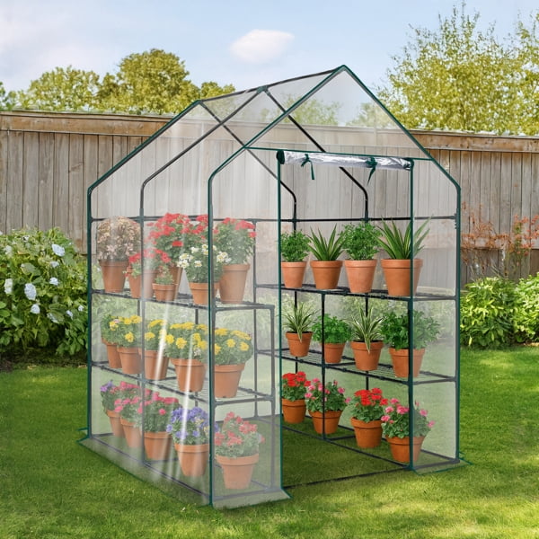 Mini Walk-in Greenhouse with PVC Cover, 8-Shelf Indoor Outdoor Plant Gardening Green House for Garden Backyard, 56" x 56" x 77", Transparent