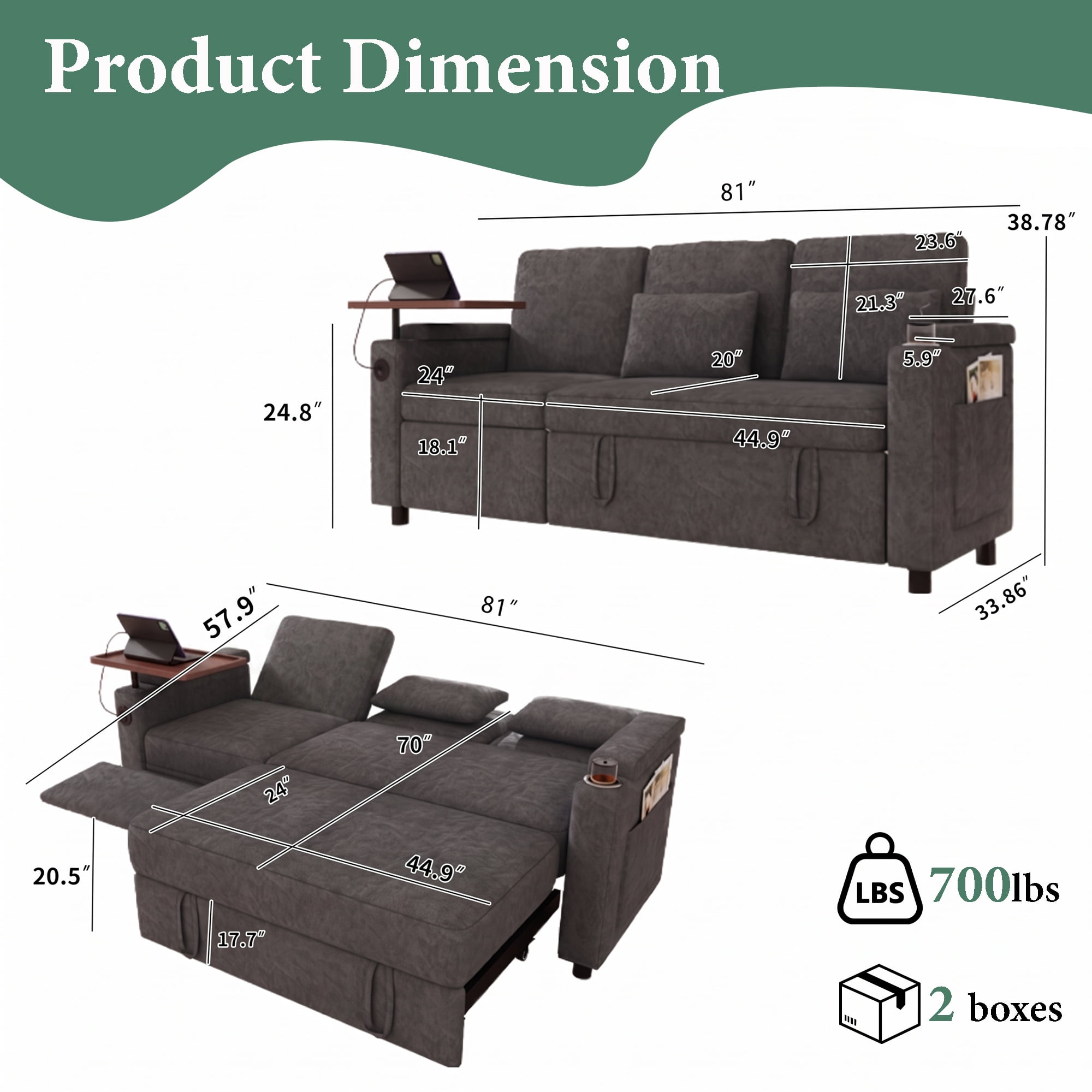 TiramisuBest 81" 3-in-1 Convertible Sleeper Sofa Bed with Power Recliner,Chenille Sofa Couch with Tray Table & USB for Living Room,Dark Gray