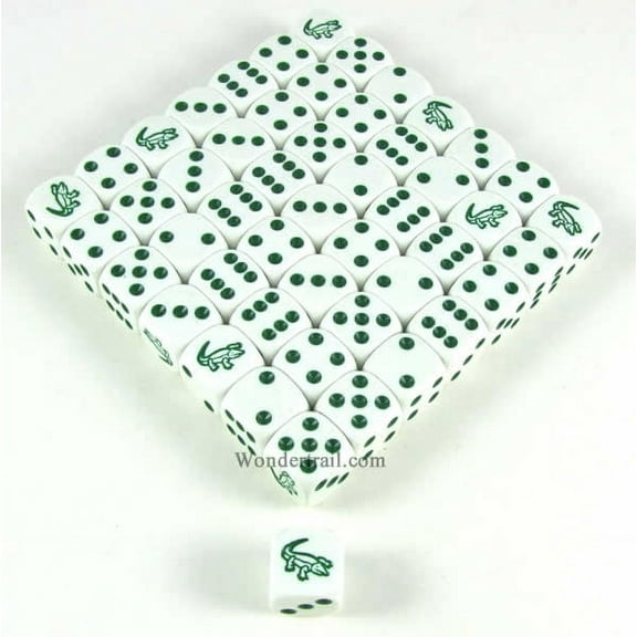 Alligator Dice White Opaque with Green Pips D6 16mm (5/8in) Bulk Pack of 50 Koplow Games