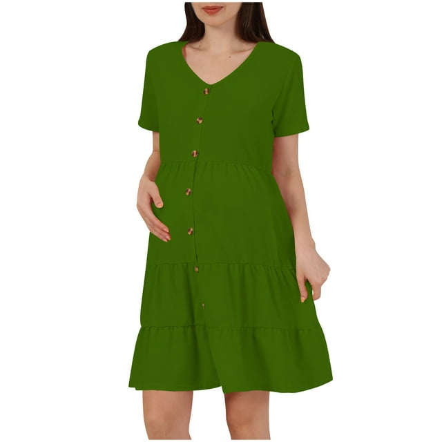 Tranfacy Robe de Maternité à Manches Courtes pour Femme, Robe de Maternité Décontractée, Robe de Maternité Unie à Manches Courtes à Col en V Boutonnée devant, Robe de Grossesse Ligne A