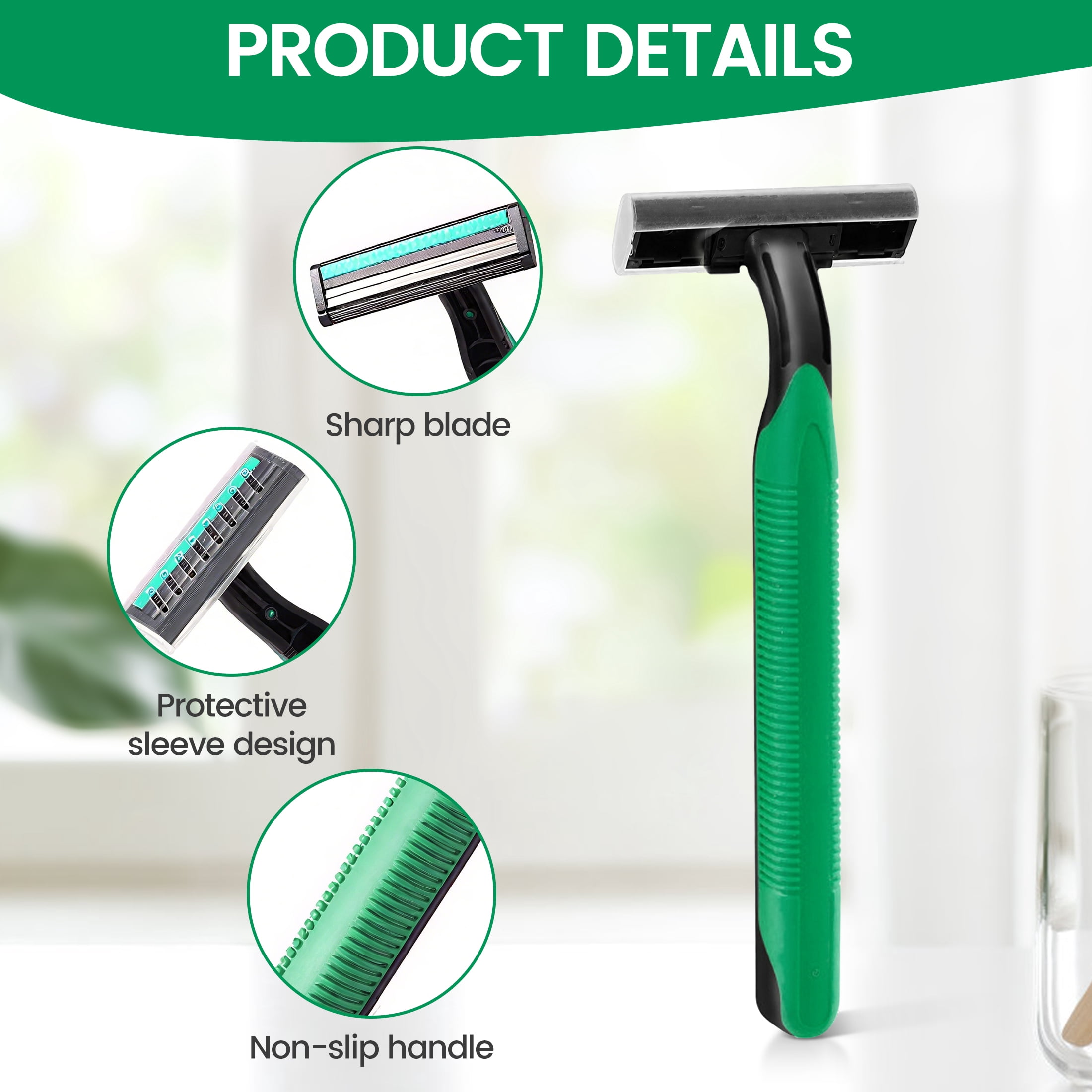Individually Wrapped, Travel Size 2 Blade Disposable Manual Razor , for Travel, Hotel and Homeless Stainless Steel Blade (Green) (100)
