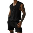 thumbnail image 3 of Jinhomg Mens 2 Piece Beach Outfits Casual Hollow Out Vacation Sets Breathable Comfy Sleeveless Tank Tops and Drawstring Waist Shorts with Pockets Lightweight Summer Suits Black L, 3 of 7