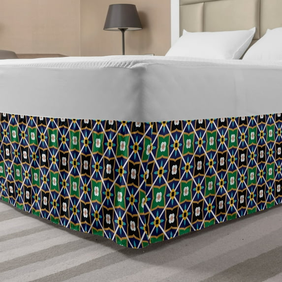 Antique Oriental Bed Skirt, Vibrant Flowers Framed Connected Lines, Elastic Bedskirt Dust Ruffle Wrap Around for Bedding Decor, 4 Sizes, Multicolor, by Ambesonne