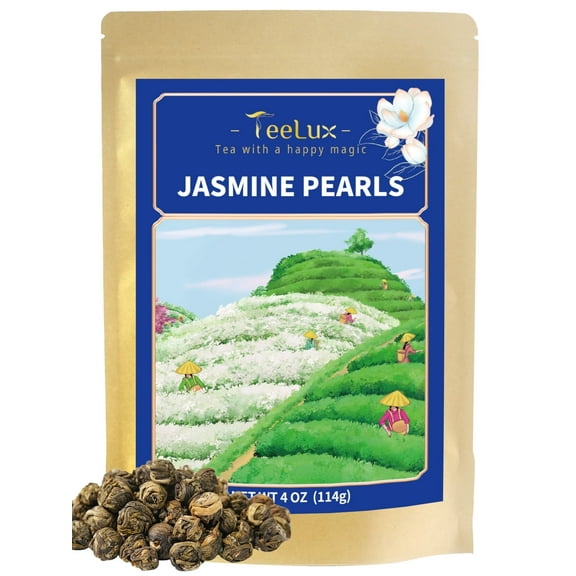 TeeLux Jasmine Pearls Tea, Handrolled Green Tea Loose Leaf with Delightful Jasmine Aroma, 4 oz