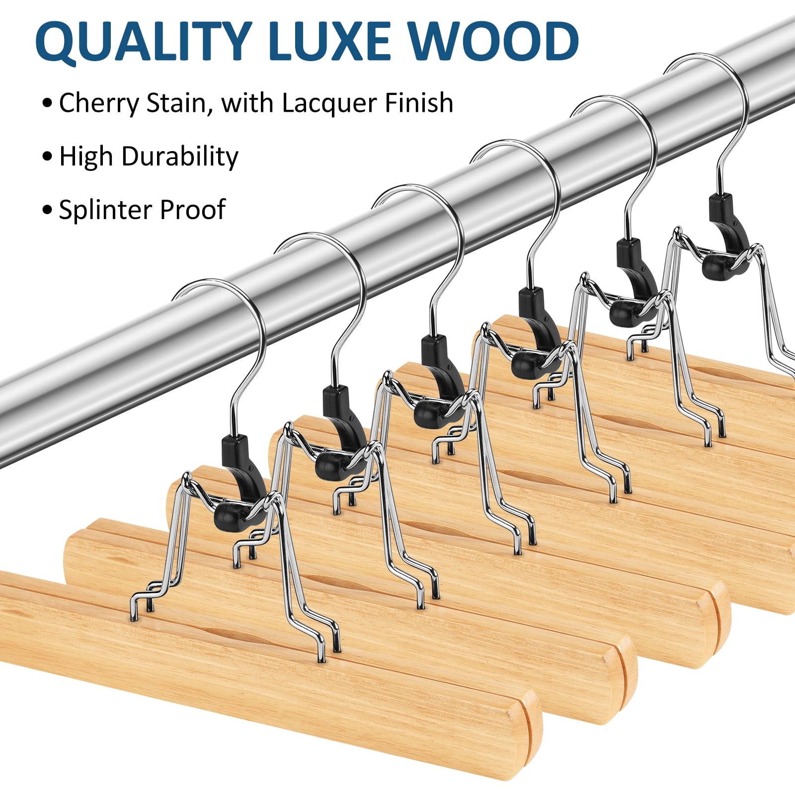 BagDream 12 Pack Wooden Pants Hangers with Clips, Smooth Finish Solid Wood Non Slip Skirt Hangers Jeans Slack Clamp Hanger, Natural