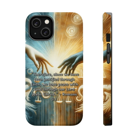 DistinctInk Tough Case for Apple iPhone 13 (6.1" Screen), Compatible with MagSafe Charging - "Faith's Justification: Finding Peace with God - Romans 5:1"
