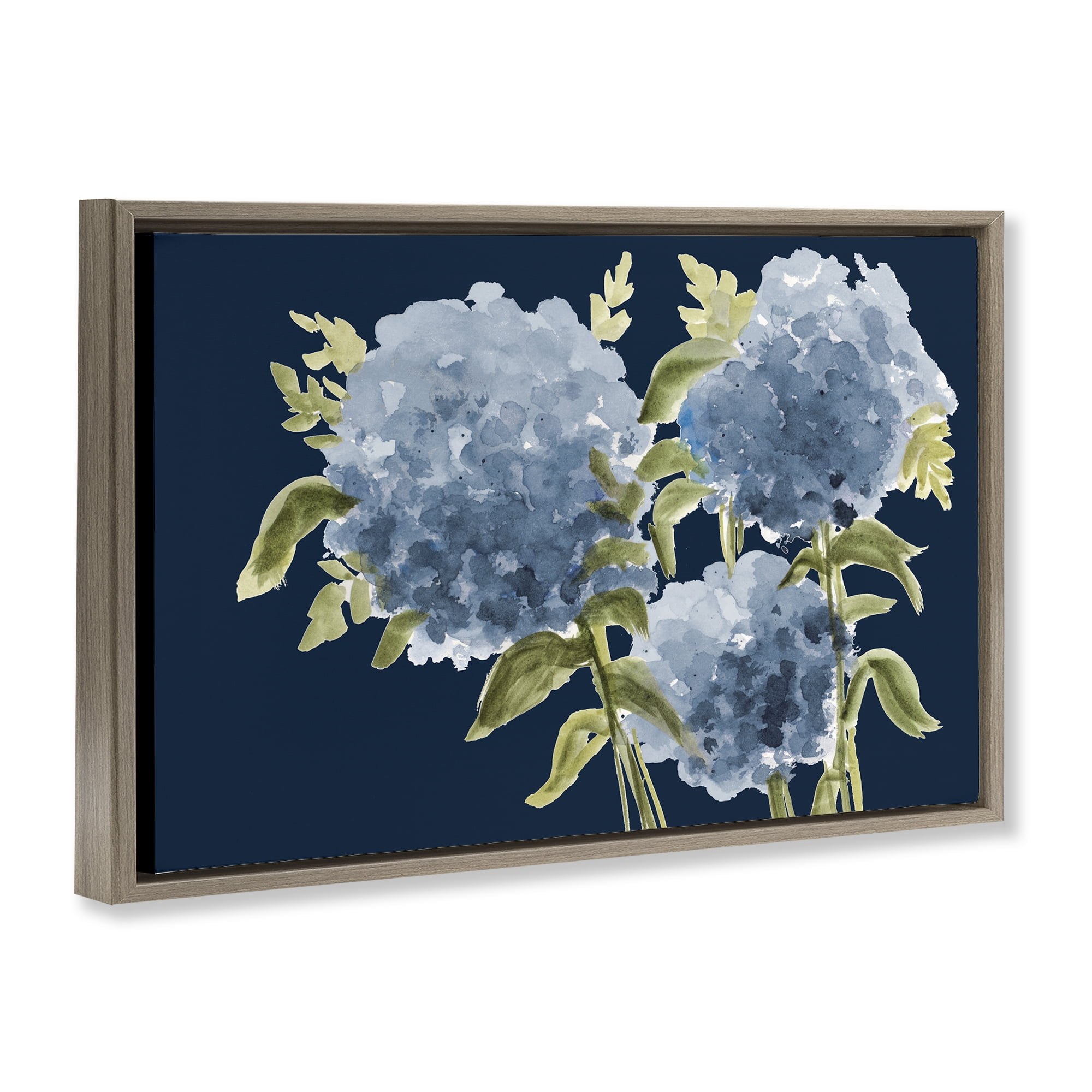 Stupell Industries Blue Hydrangeas on Indigo Brown Framed Floater Canvas Wall Art, design by Janice Gaynor