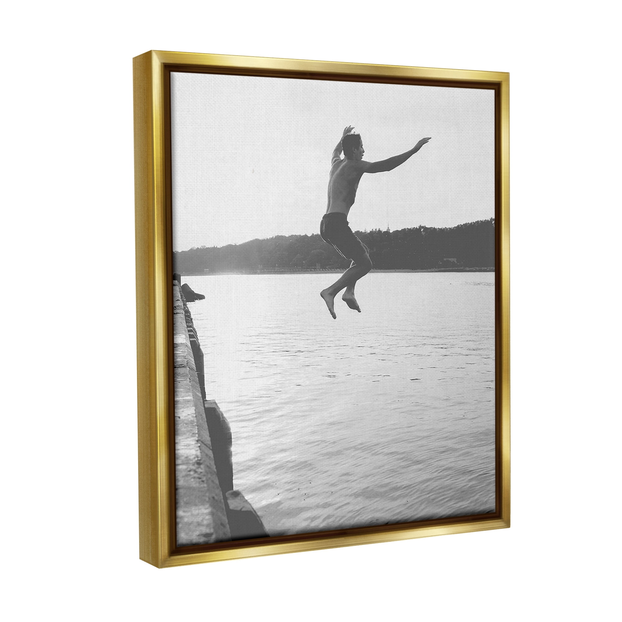 Stupell Industries Jumping in Lake Photography Landscape Photography Gold Floater Framed Canvas Art Print Wall Art, 17 x 21