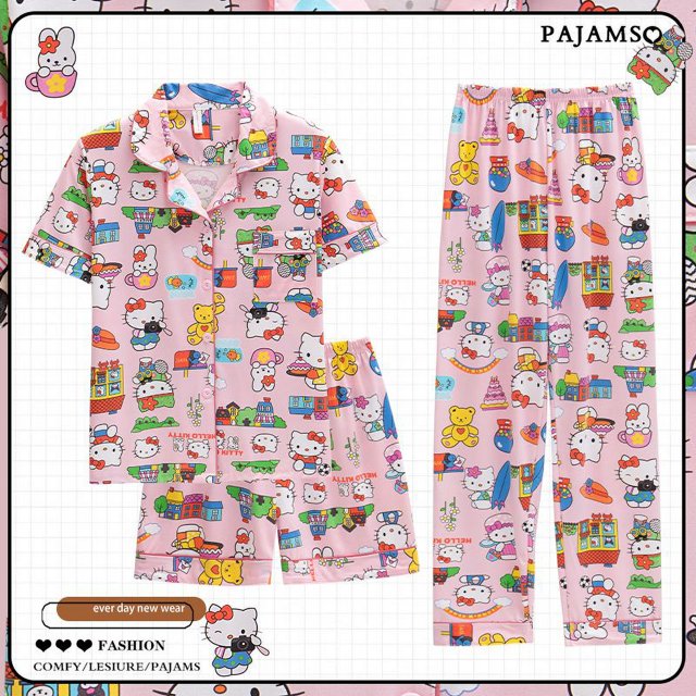 Conjunto de 3 piezas de ropa de hogar Kawaii de Sanrio Hello Kitty, camiseta de manga corta con dibujos animados, pantalones cortos, pijama, traje Y2k, ropa de dormir para mujer