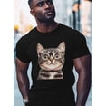 thumbnail image 2 of Cat in Glasses Men's T Shirts Cute Animal T-Shirt for Men Crew Neck Tees Cotton Tops, Black, S, 2 of 7