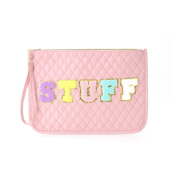 Chenille Letter Bag Cute Zipper Stuff Pouch Portable Multi-purpose Nylon Makeup Bag for Women with Handle for Travel Gym Beach（Pink Stuff）