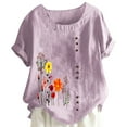 thumbnail image 2 of Oversized Tshirts for Women, Cotton Linen Crewneck Roll Up Floral Print Casual Blouse Top, Purple 3XL, 2 of 5