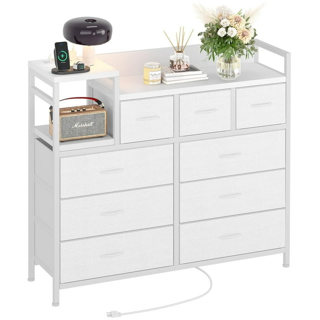 9-Drawer Dresser with Power Outlets, Metal Frame & Fabric Drawers