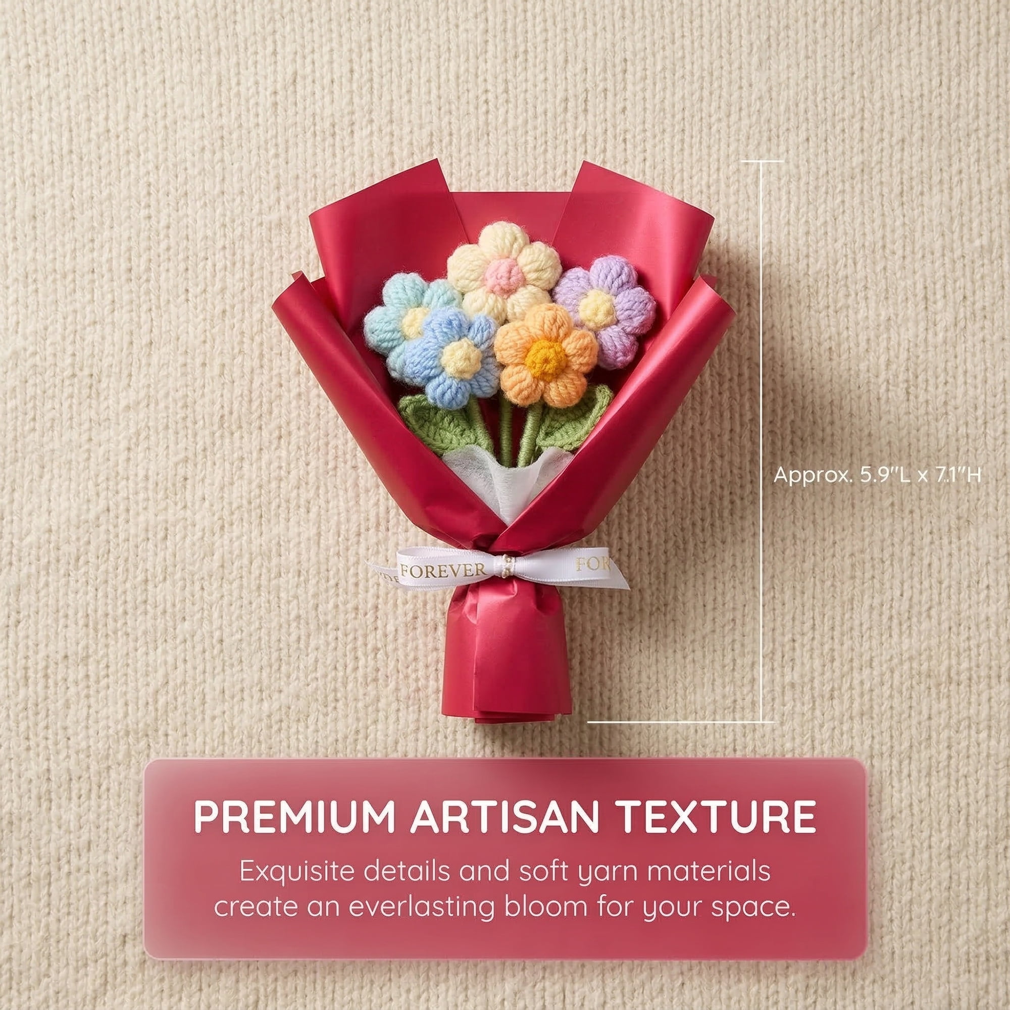 Unique Bargains Handmade Crochet Eternal Knitted Flowers Bouquet with Wrap Red 7.1 in
