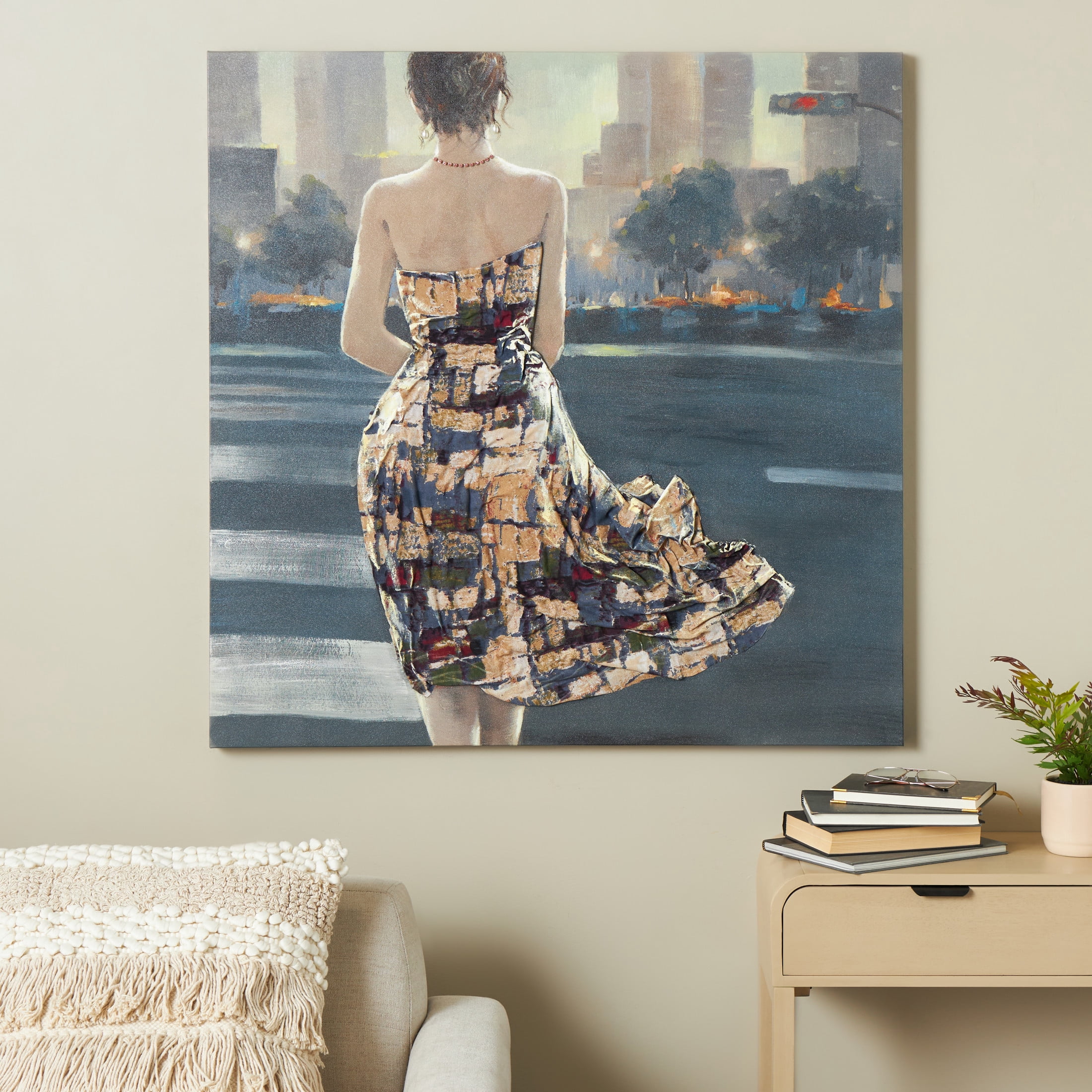 40" x 40" Unframed Woman Wall Art with 3D Multicolor Fabric Dress and Pink Necklace, by DecMode