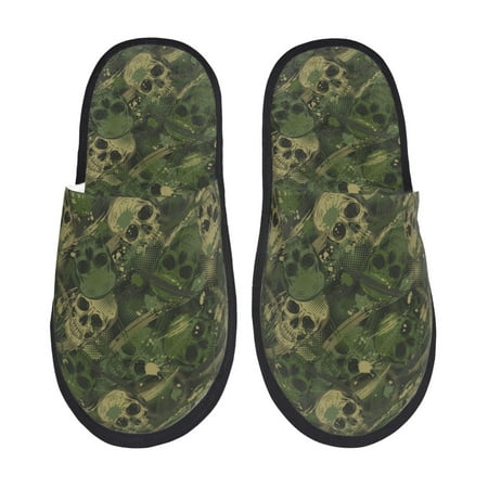 Balery Green Camouflage Skull Slient Indoor Furry Fleece Comfort House Shoes Soft Non-Slip Home Shoes Cotton slippers House Slippers-- Medium