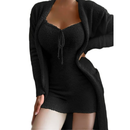 

Frontwalk Women Cardigan and Short Dress 2 Pieces Outfits with Pockets Nightwear Sleepwear Pajamas Sets Black 2XL