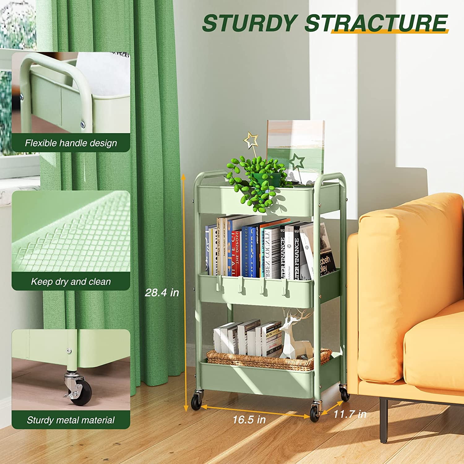 3 Tier Rolling Storage Cart, Metal Trolley Utility Cart with Wheels & Hooks, Easy Assembly Organizer Storage Cart for Bathroom Kitchen Office Bedroom