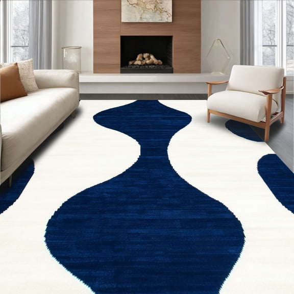 ODIKA 4'x6' Machine Washable Non-Slip Area Rug, Contemporary Wave Motif with Fluid Interlocking Curves and Contrasts High Traffic Rug, Navy, 249723