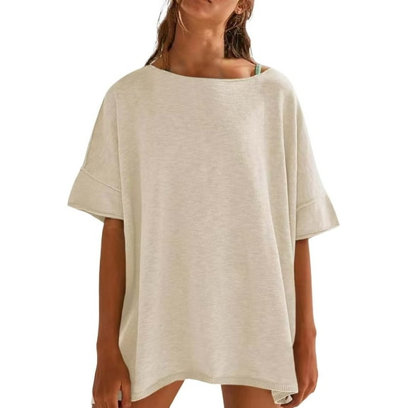 Breezora Oversized Cotton Tee for Women Soft Breathable Short Sleeve Crewneck Tshirt Trendy Relaxed Fit Summer Essential Top L Size Beige