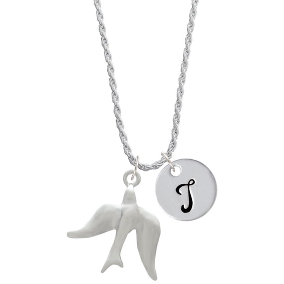 Delight Jewelry Silvertone 3-D Dove Silvertone Script Initial Disc - T - Charm Necklace, 20"+3"