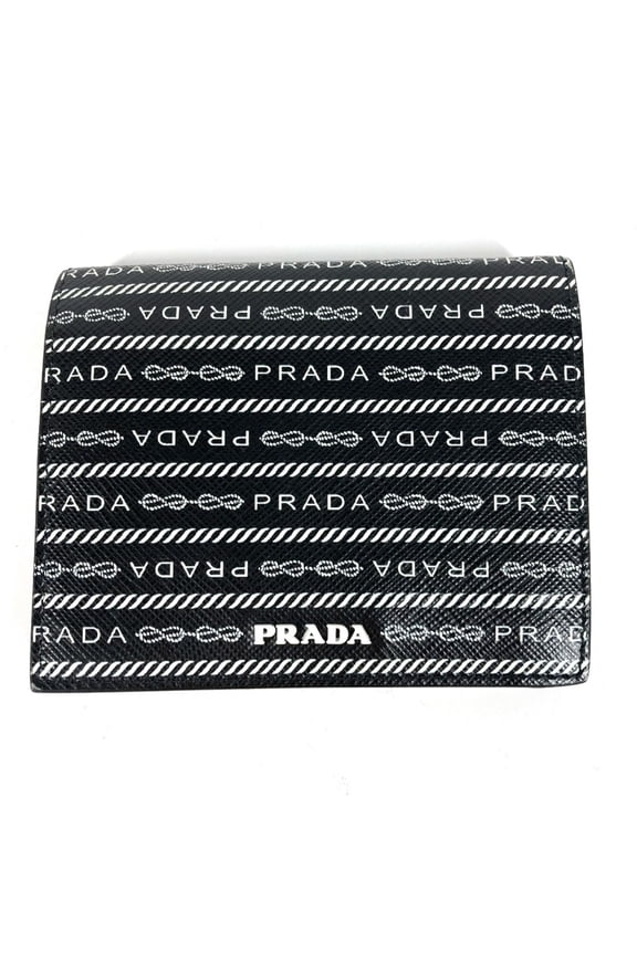 Pre-Owned PRADA 1MV204 All-Over Logo Compact Wallet, Bi-Fold Leather, Women's, Black (Good)