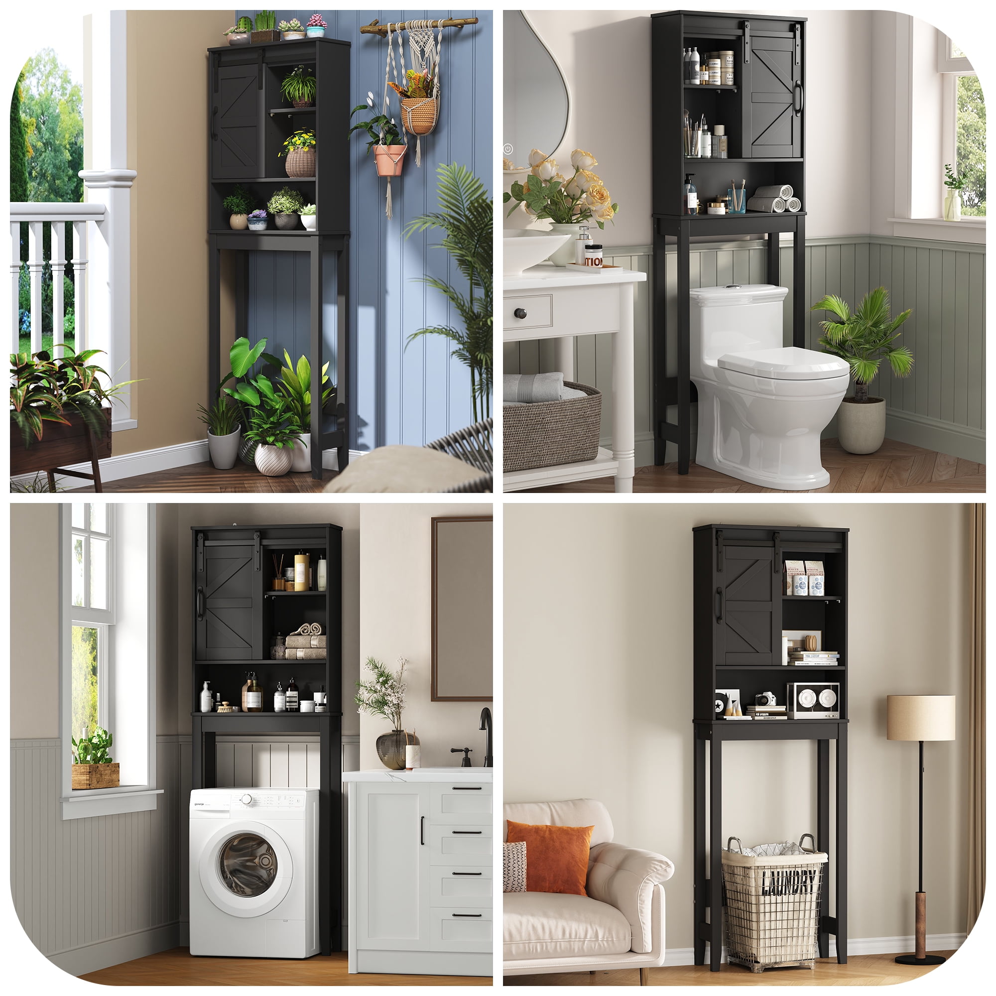 Over the Toilet Storage Cabinet, Rustic Storage Cabinet Over Toilet with Sliding Barn Door & Adjustable Shelves, Farmhouse Space Saver Organizer for Bathroom,Living Room, Black