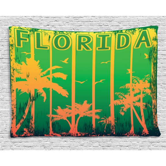 Florida Tapestry, Coastal City in California Worn Out Composition with Beach Trees, Wall Hanging for Bedroom Living Room Dorm Decor, 60W X 40L Inches, Lime Green Fern Green Orange, by Ambesonne