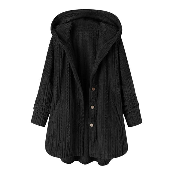 YanHoo Womens 2025 Winter Fleece Coats Plus Size Button Down Hooded Jackets Warm Fuzzy Faxu Far Long Sleeve Tunic Coat Outerwear with Pockets