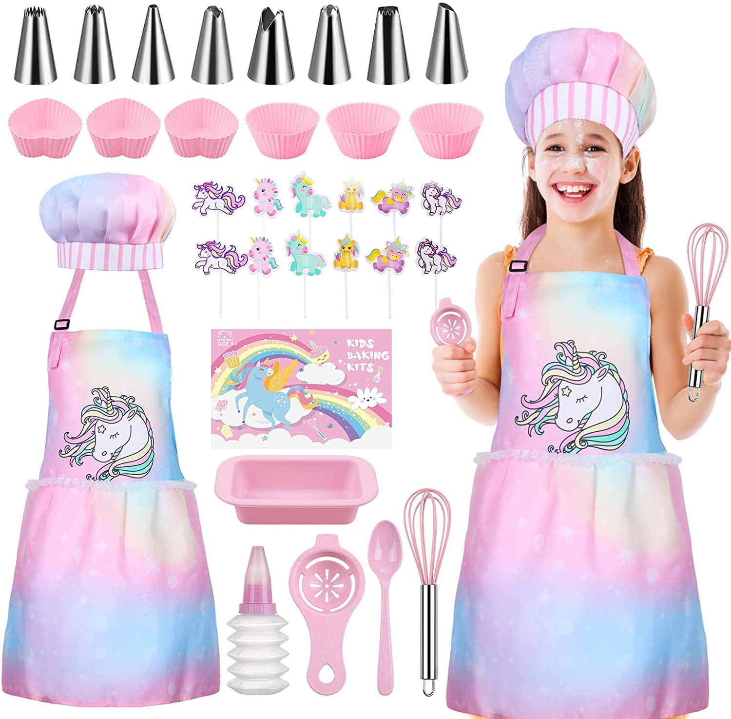 Vanmor Kids Baking Set 24 Pcs with Apron Chef Hat Pretend Play Gifts for 3 6 Year Old Girls Walmart