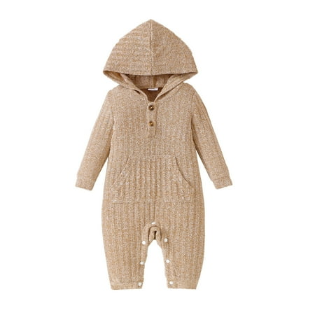

KIMI BEAR Newborn Baby Boys Rompers Fall-winter Long Sleeves Solid Color Knit Bodysuits Hooded One-piece Apricot 0-3 Months