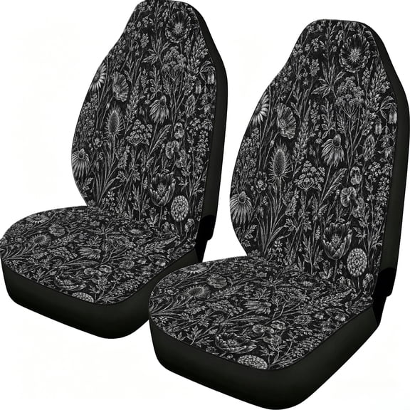 Odenmar Black White Wildflower Car Seat Covers, 2-Piece Front Protectors, Made from Lightweight Mesh Fabric, Universal Fit for Cars Trucks Vans Suvs