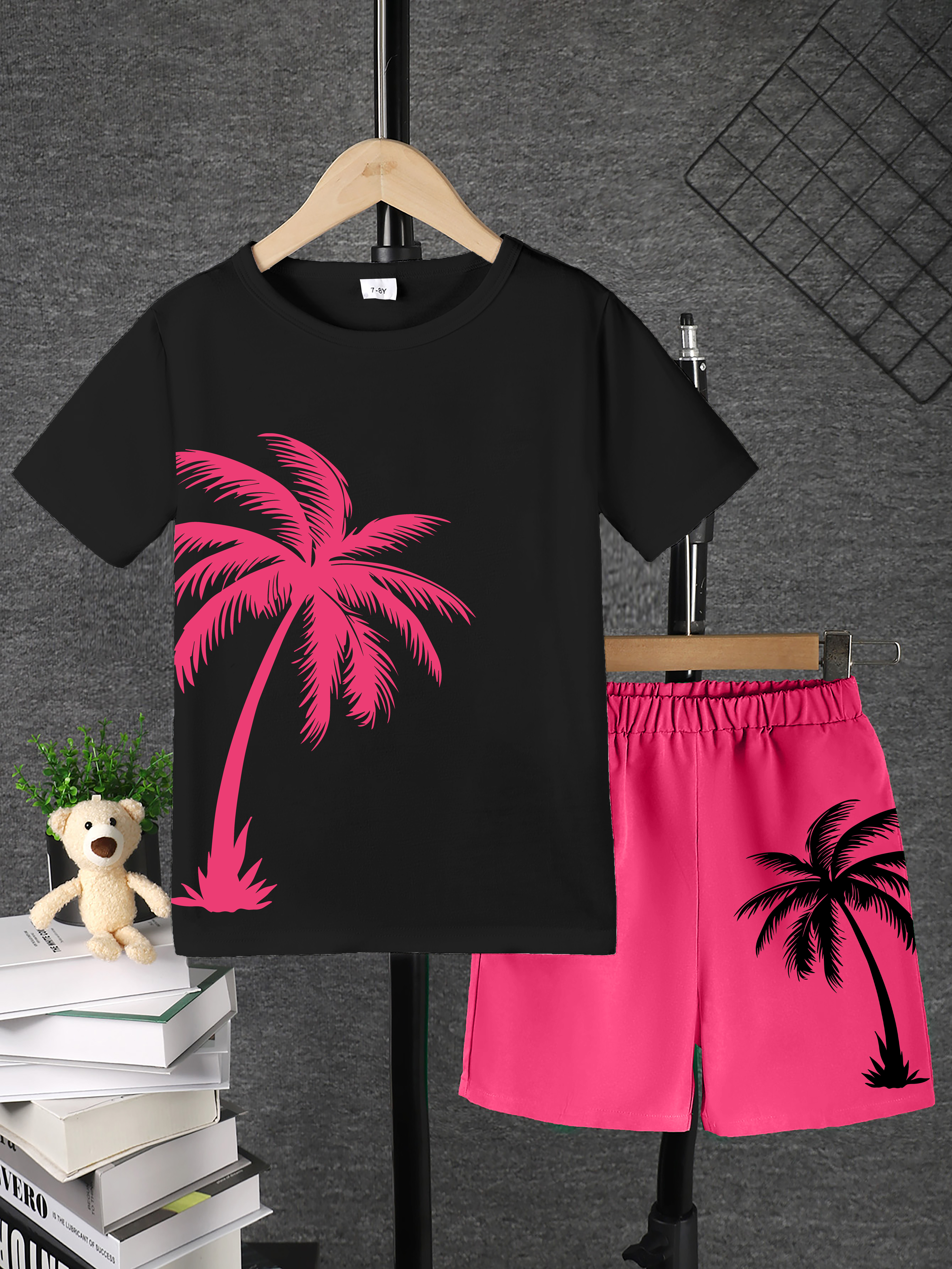Mikrdoo 7-8 Years Big Boys Kid Boys Clothes Coconut Palm Print Short Sleeve Summer T-shirt Elastic Loose Shorts 2Pcs Casual Outfit Sets Black