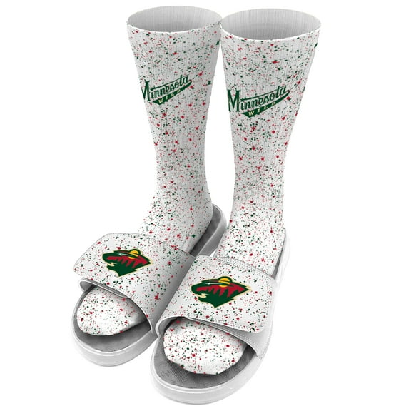 Men's ISlide White Minnesota Wild Speckle Socks & Slide Sandals Bundle