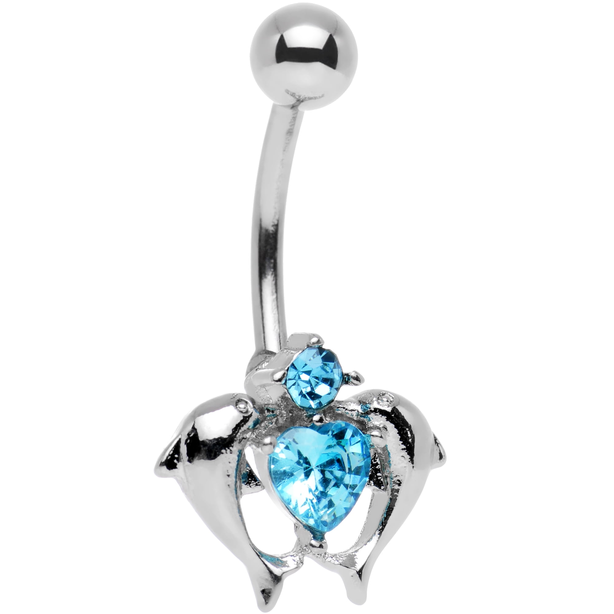 Body Candy Stainless Steel Brilliant Blue Accent Double Dolphin Heart Belly  Ring