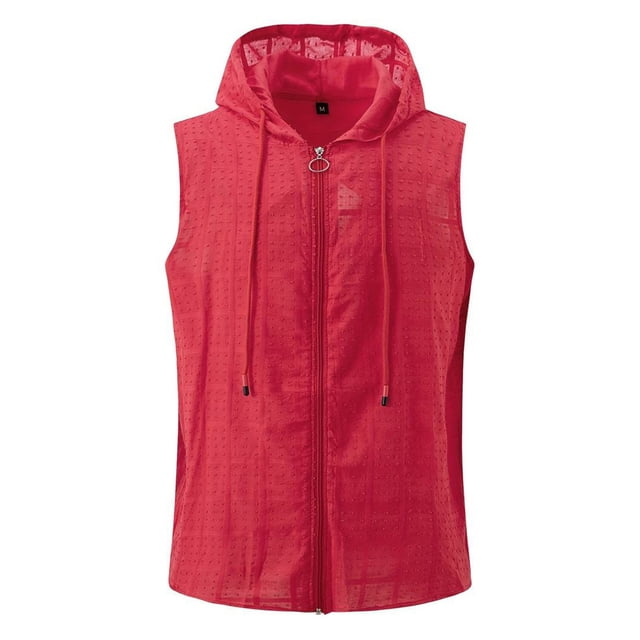 Top con capucha y cremallera para hombre: sin mangas, informal de verano, color liso, poliéster, talla real, adecuado para el trabajo/las vacaciones, tallas S-XXL