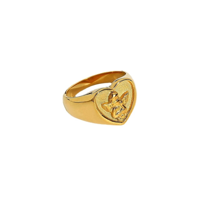 Anillo de bodas con forma de corazón de acero inoxidable con diseño de ángel y sello de 8 tamaños