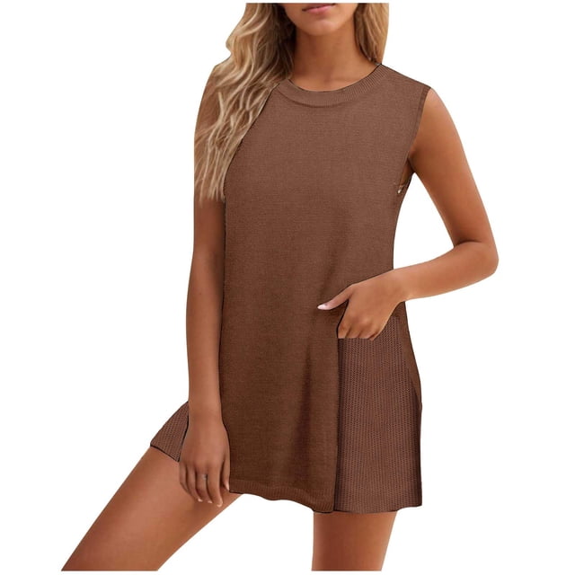 Timegard Ensembles Lounge pour Femmes Col Ras du Cou Mi-Long Débardeur Shorts Tenues en Tricot Confortables Mode d'Été