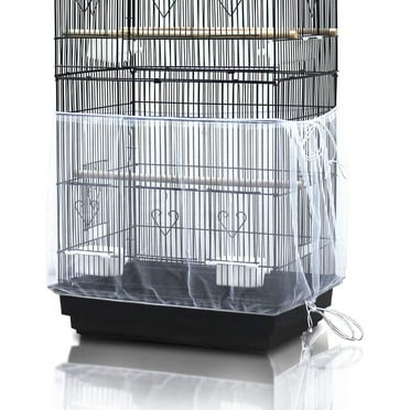 White Universal Bird Cage Cover with Seed Catcher Mesh, Parrot Cage Skirt - Nighttime Pet Comfort