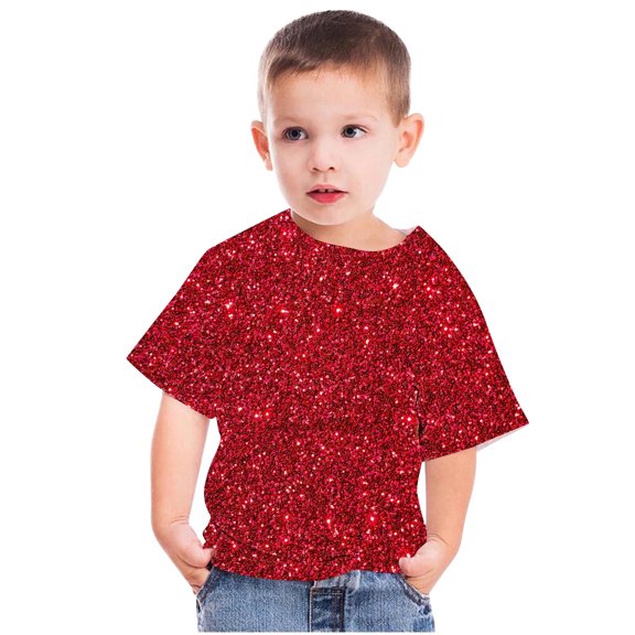 BRGZLK Sequin Tops for Girls Trendy Casual Solid Color Round Neck Short Sleeve Tunic Party Disco Blouse Red 3-4 Years