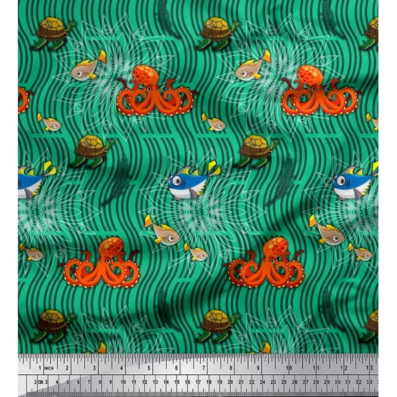 Soimoi Cotton Duck Fabric Turtle,Fish & Octopus Ocean Decor Fabric Printed Yard 42 Inch Wide