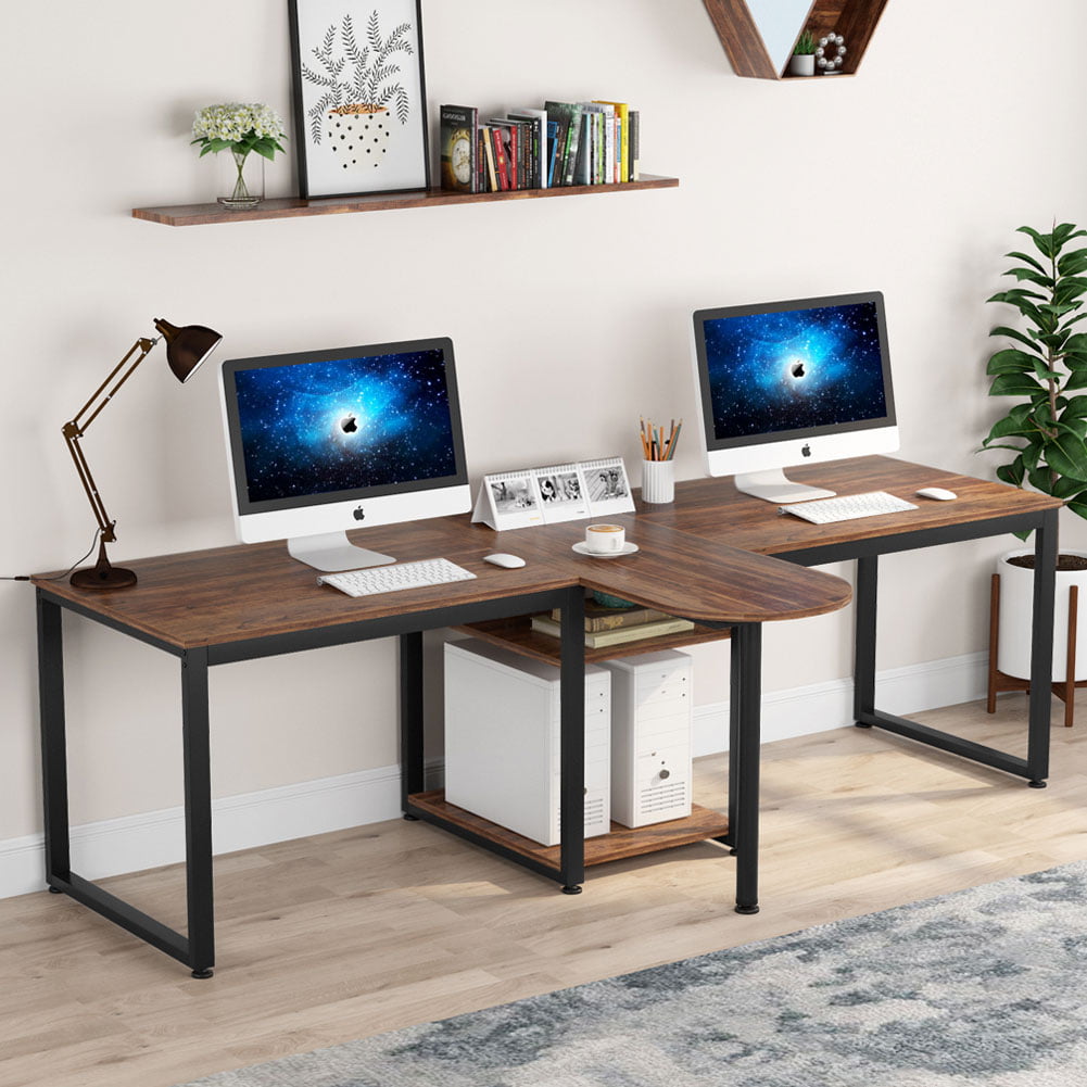 Tribesigns Simple Modern Desk with Bookshelf Vintage Computer Office Double Desk 